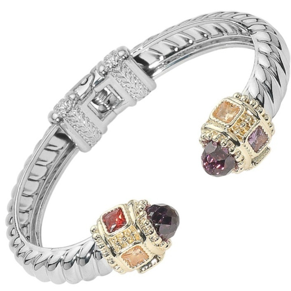 14K GP Two Tone Hinged Cuff Bracelet W/Amethyst Cabochons - Picture 3 of 4